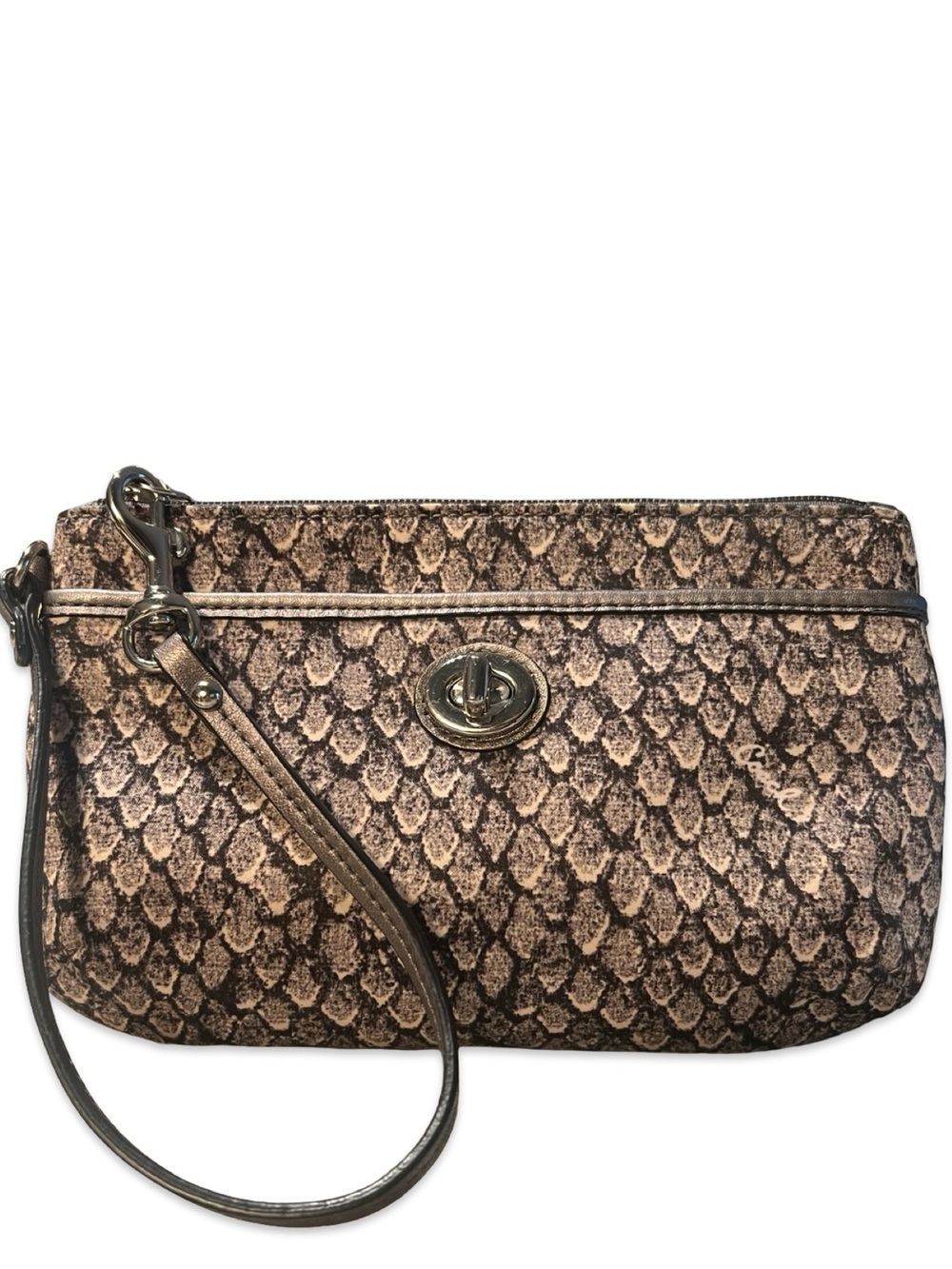 Coach Taylor Snakeskin Print Wristlet 5”x7.5” Gunmetal Leather
